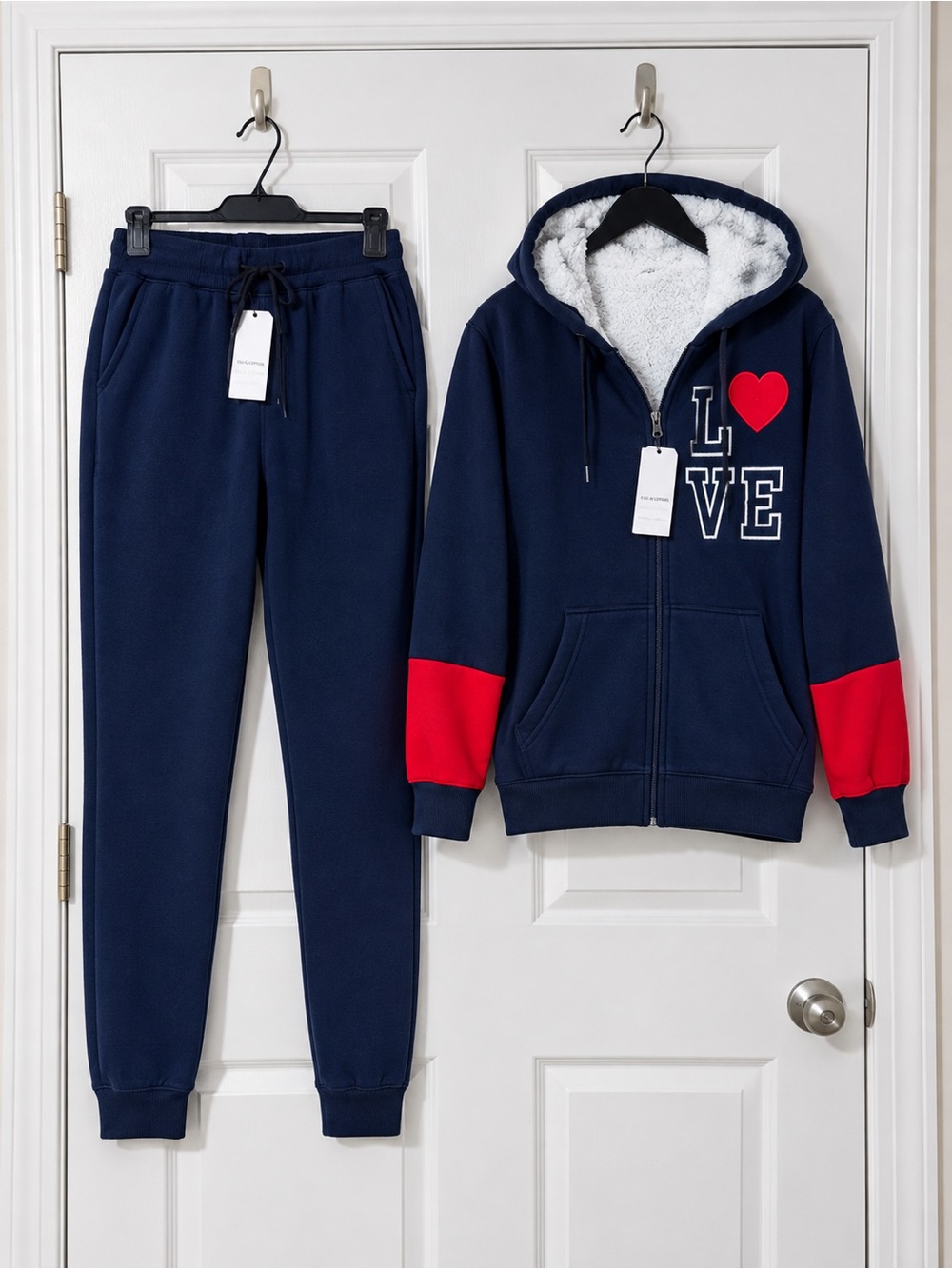 Kids Navy 'LOVE' Sherpa-Lined Hoodie & Joggers Set with Red Accent